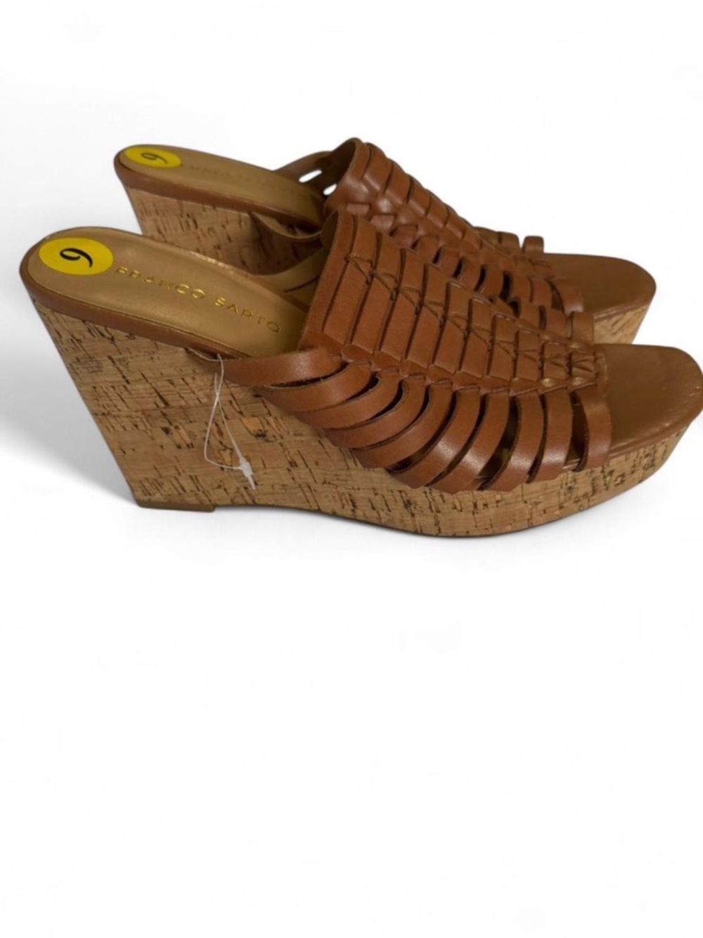 Franco Sarto Tan Brown Woven Leather Cork Wedge Mules